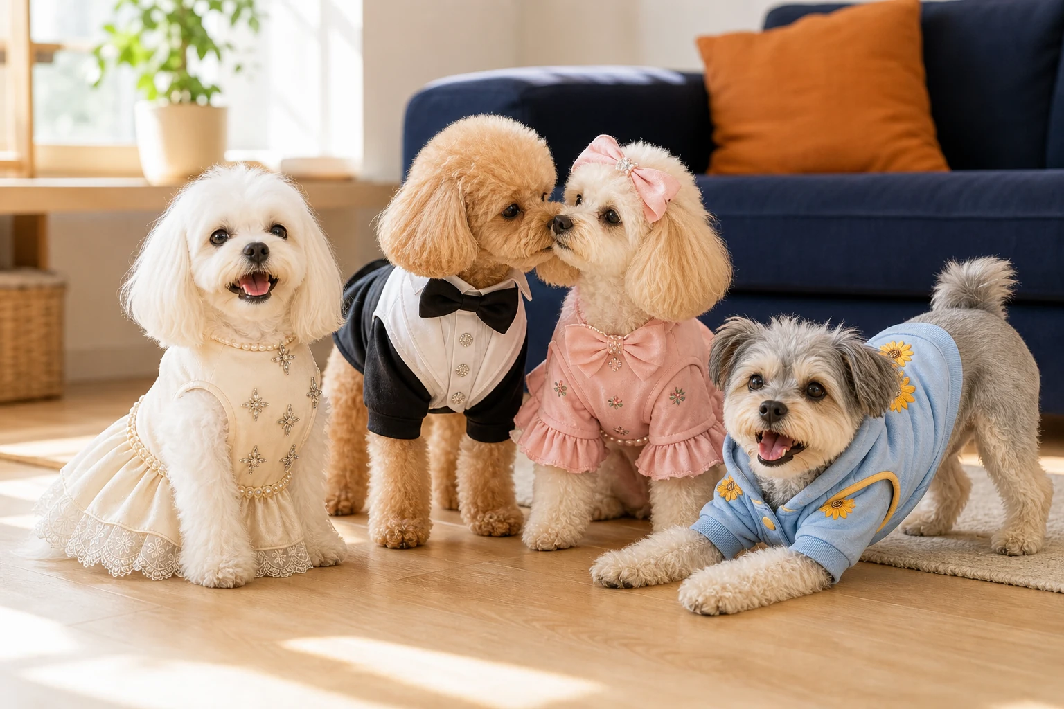 Four happy small dogs wearing Okiee catalog apparel together in a sunlit home