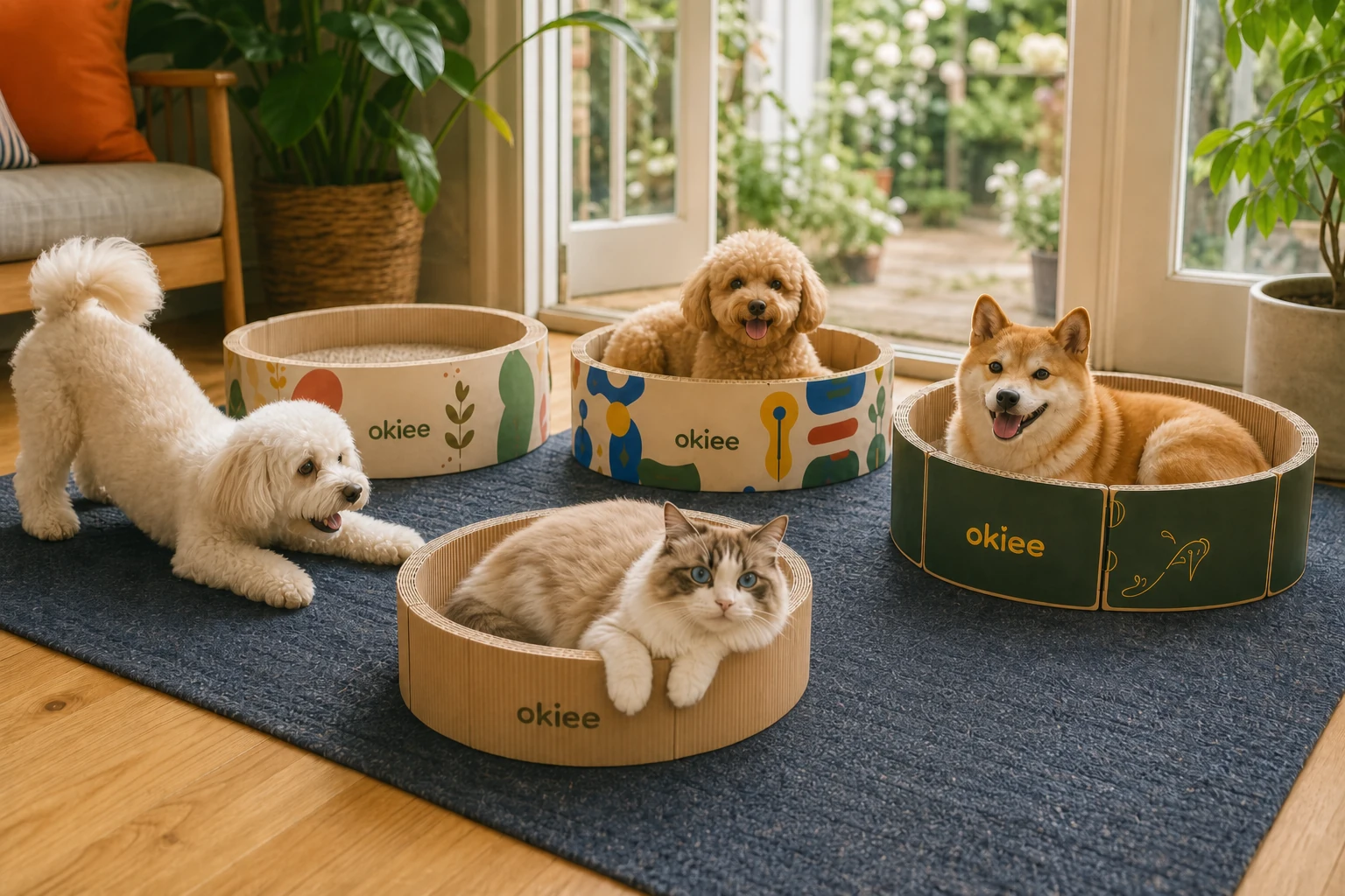 Paper pet beds shown in a wide product-in-use scene