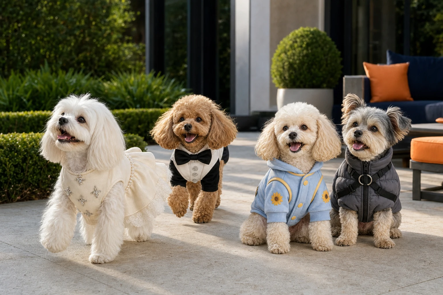 Four happy small dogs wearing apparel from the Okiee product catalog on a garden patio