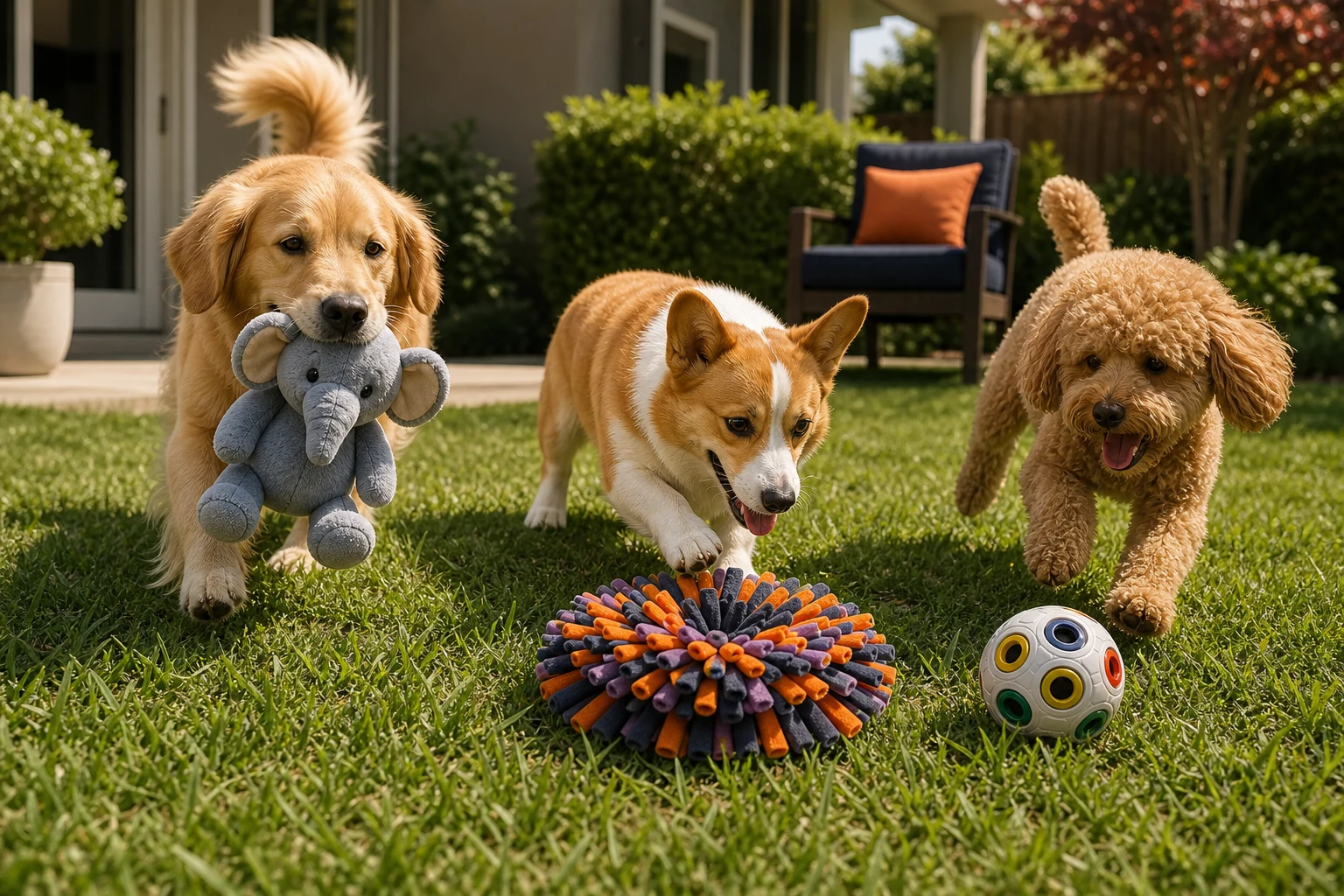 Pet toys shown in a wide product-in-use scene