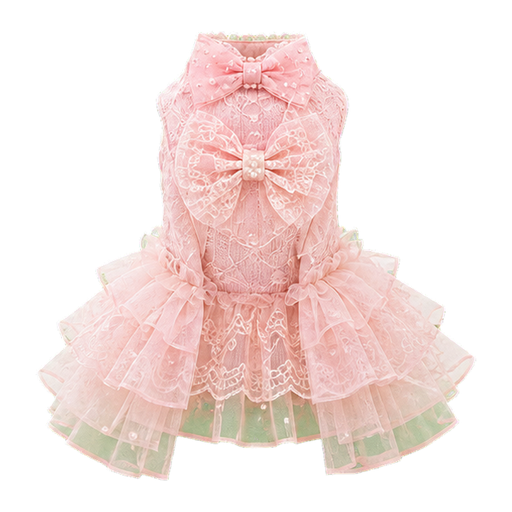 Lace Yarn Pearl Bow Dress